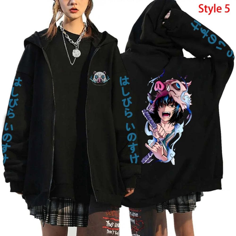 Hot Anime Hashibira Inosuke Printing Zipper Hoodies Women Men Fashion Y2k Personality Zipper Long Sleeve Hooded Sweatshirt L