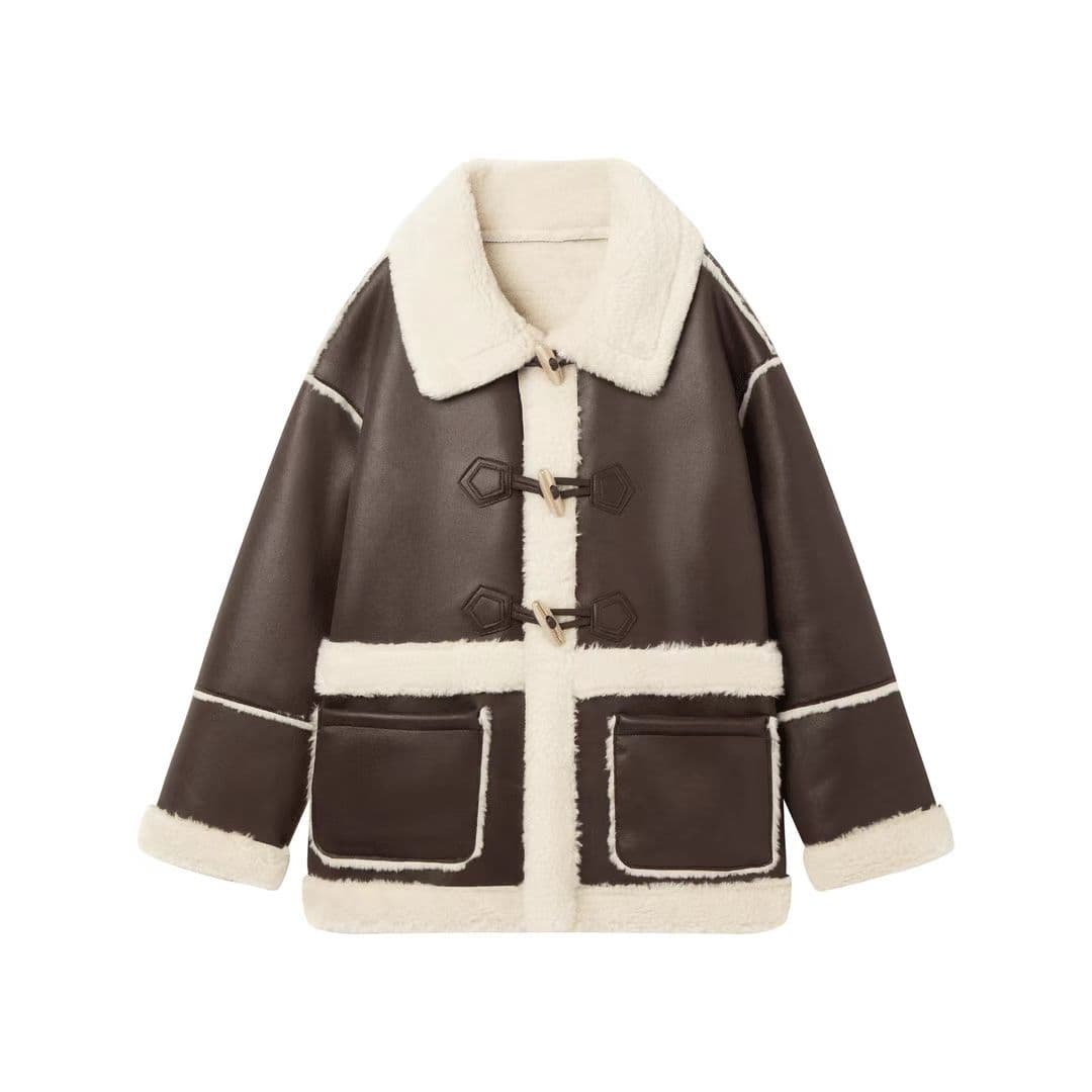 Dark Coffee Sweet Cool Fur One-piece Coat Women's Short Winter New Thickened Warm Horn Button Lamb Wool XL brown