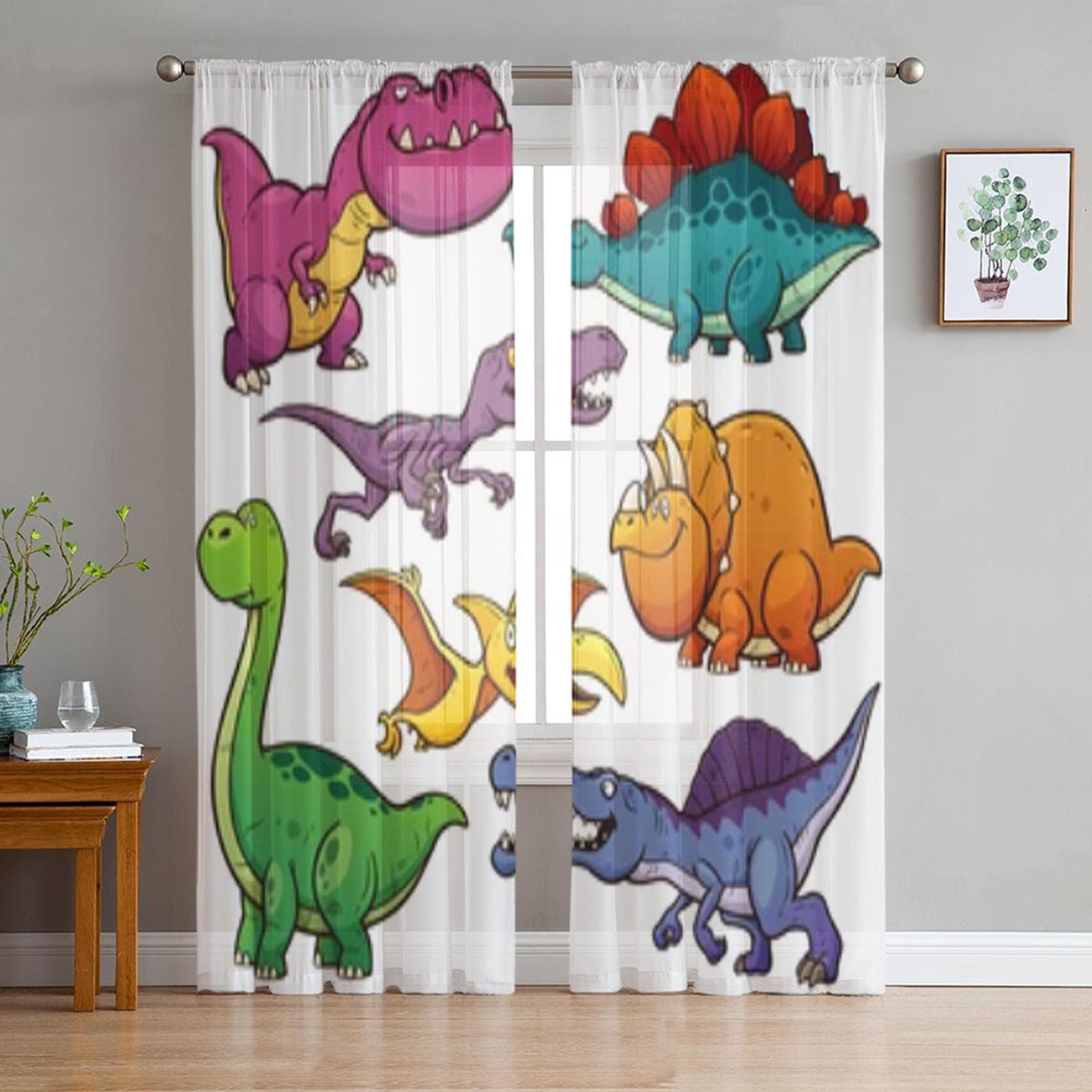 Dinosaur Cartoon Sheer Curtains for Living Room Transparent Tulle Window Treatments Bedroom Kitchen Home Decor Veil Drapes 135W x 114H(cm)