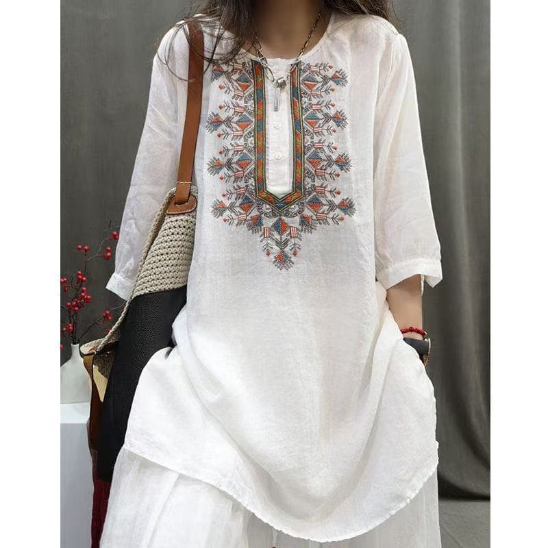 Limiguyue Ethnic Boho Embroidery Ramie Blouse Loose Split Women Summer Shirts Thin Causal Literary Female Long Tops Robe L
