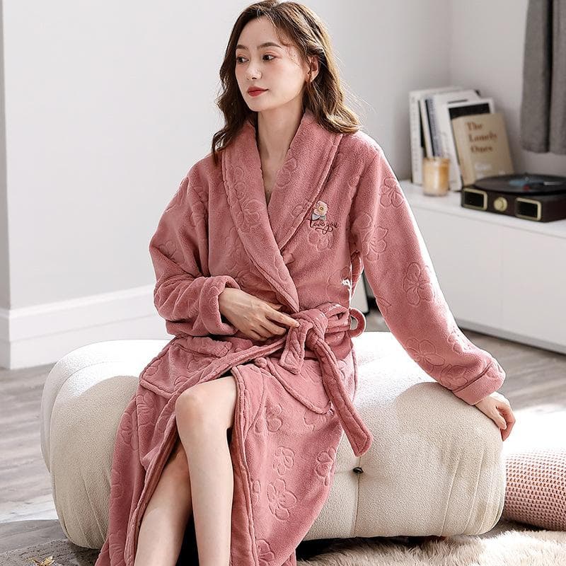 Winter Robe Coral Fleece Nightgown Women's Warm Sleepwear Thickened Long Bathrobe Flannel Loose Casual Home Clothing Nightwear M