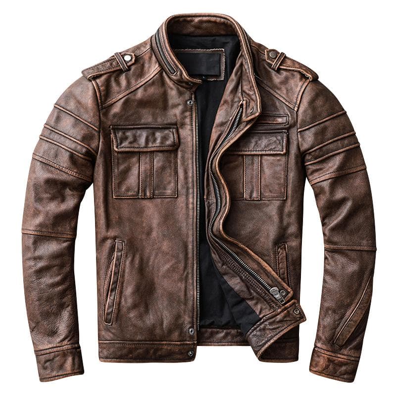 Vintage Motorcycle Jacket Men Leather Jackets 100 %Genuine Cowhide Slim Fit Skin Coat Man Biker Clothing Autumn M698 XXL brown