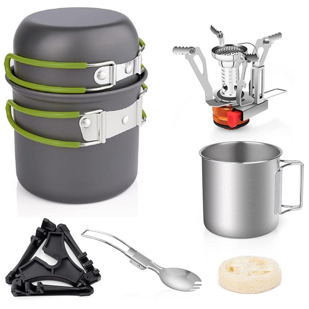 Camping Cookware Set with Folding Camping Stove Lightweight Pot Pan Set with Stainless Steel Cup & green