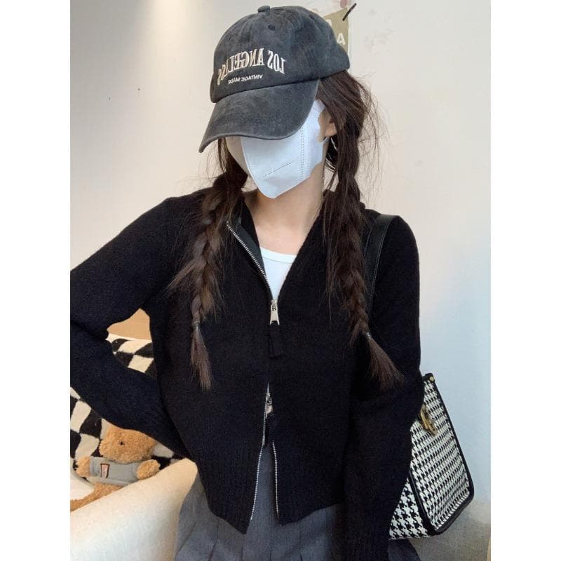 Pure Lust Style Gray Zippered Shoulder Hooded Knitted Cardigan for Women Autumn Short Sweater Top Niche Sweater Jacket One size