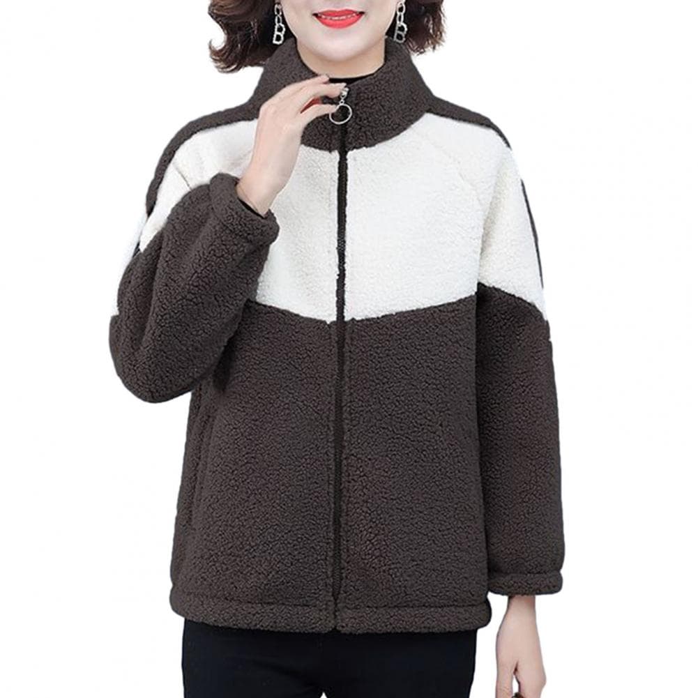 Women Winter Fall Coat Colorblock Thick Plush Soft Warm Stand Collar Neck Long Sleeve Zipper Closure Cardigan Mother M coffee
