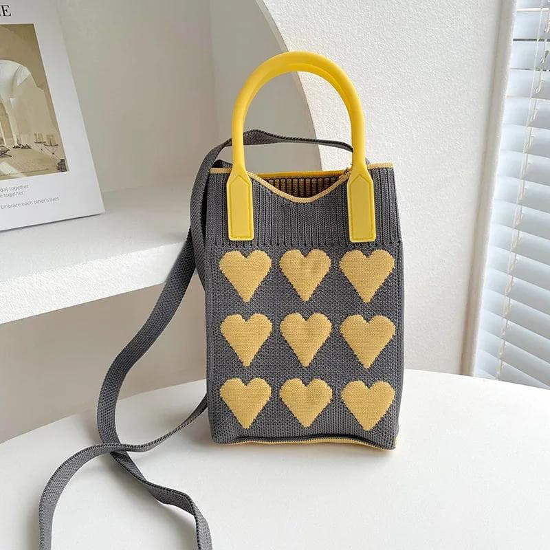 Fashion Heart Knitted Mini Square Handbag for Women Small Mobile Phone Shoulder Bags Girls Cute Outdoor Crossbody Bags grey