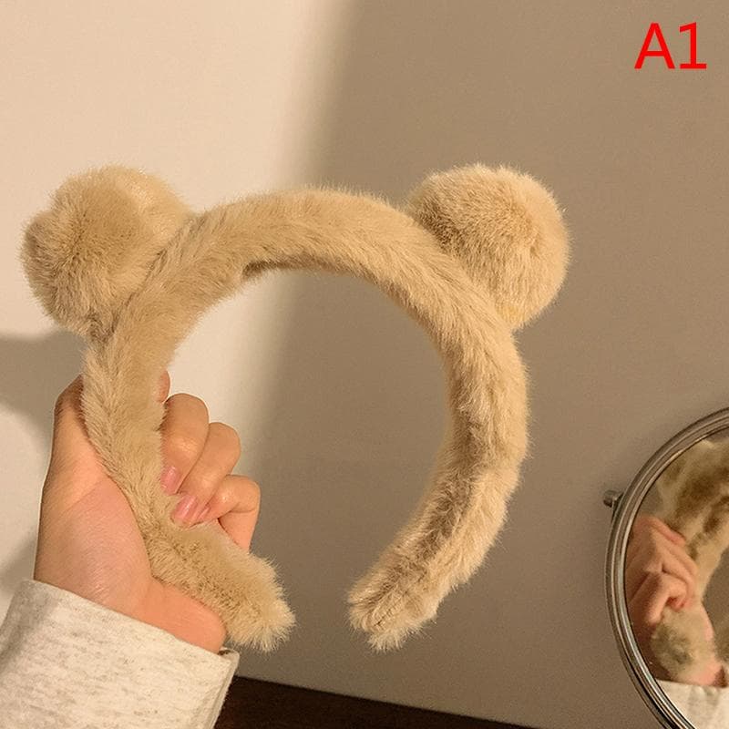 Girls Cute Plush Bear Rabbit Ears Headband Autumn Winter Head Hoop khaki
