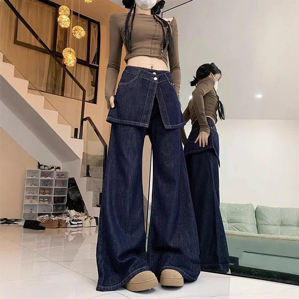 Two-piece Jeans for Women In Autumn New American Retro High Waist Drooping Wide-leg Floor Trousers 2XL