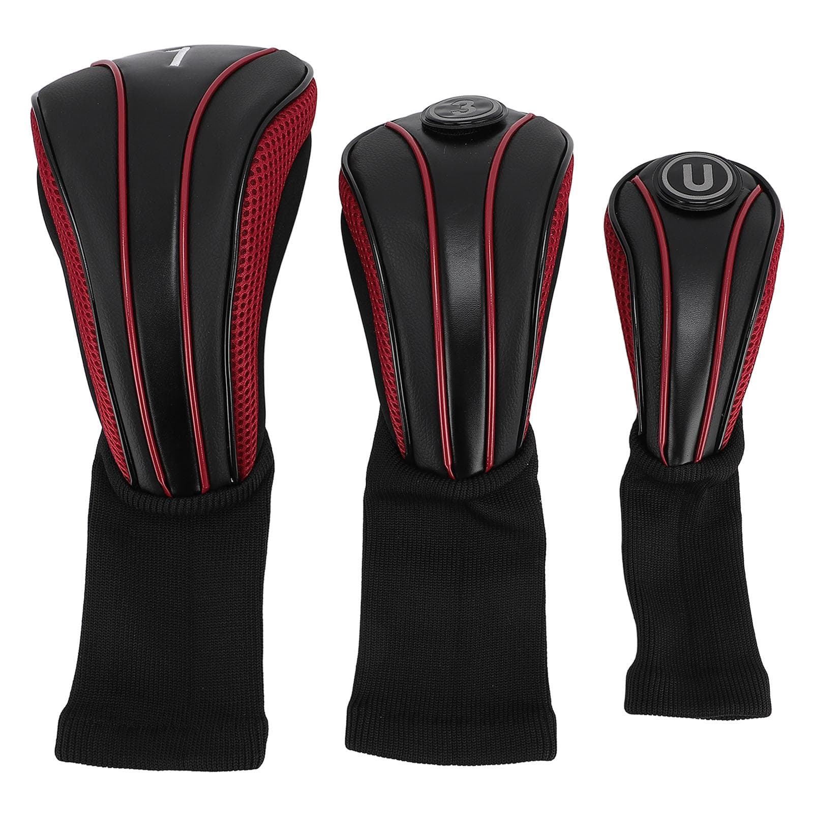 3pcs Club Head Cover with Spare Number Plates Long Neck Scratch Proof Breathable PU Club Headcover red/black