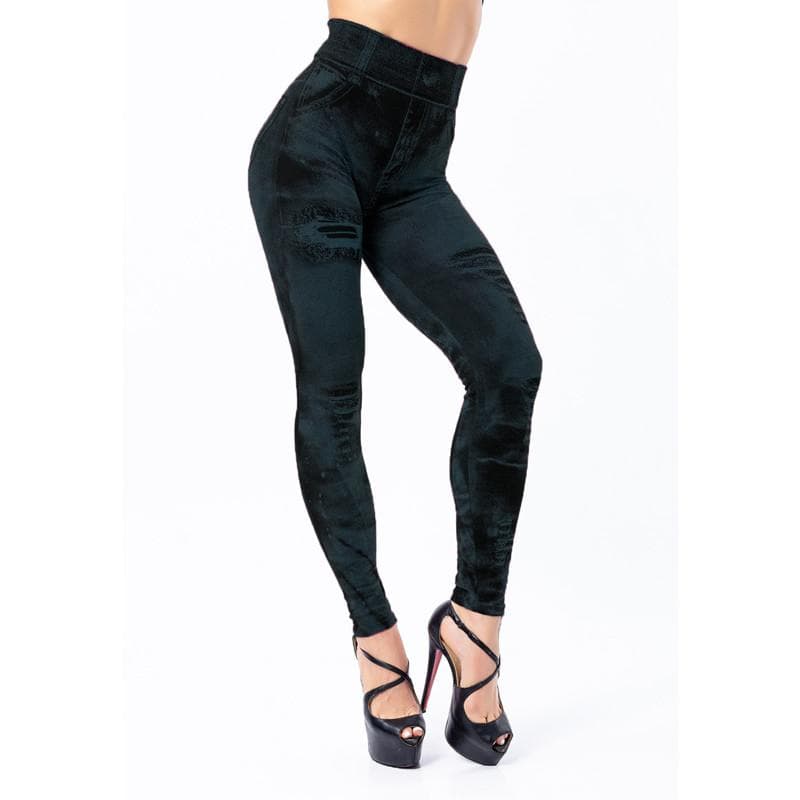 Sexy Elastic Imitation Faux Jeans Leggings High Waist Pants Fitness Slim Leggins Sport Push Up Leggings For Women M