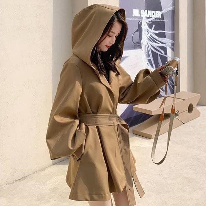 Autumn Korean Loose Trench Coat With Hooded Belt Black Woman Jackets Overcoat L khaki