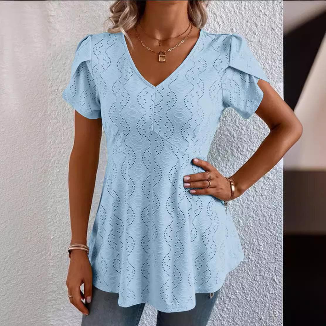Summer Solid Colour V-neck Comfortable Casual T-shirt Short Sleeve Top for Women XXXL light blue