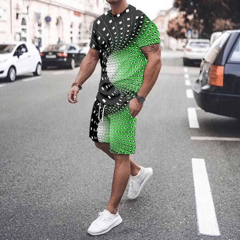 Gradient Stripe 3d Print Summer Men Set O-neck T shirts+Shorts 2 Piece 2023 New Short-sleeve Man Outfits Fashion Tracksuits Suit 5XL