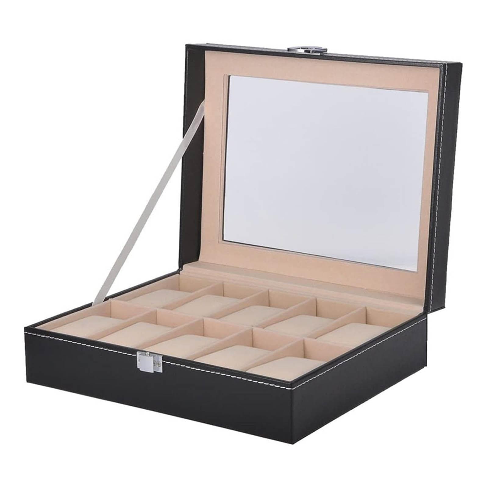 Flip Watch Box 10 Slots Watch Box Display Case PU Leather Watch Storage Boxes with Glass Lid Black