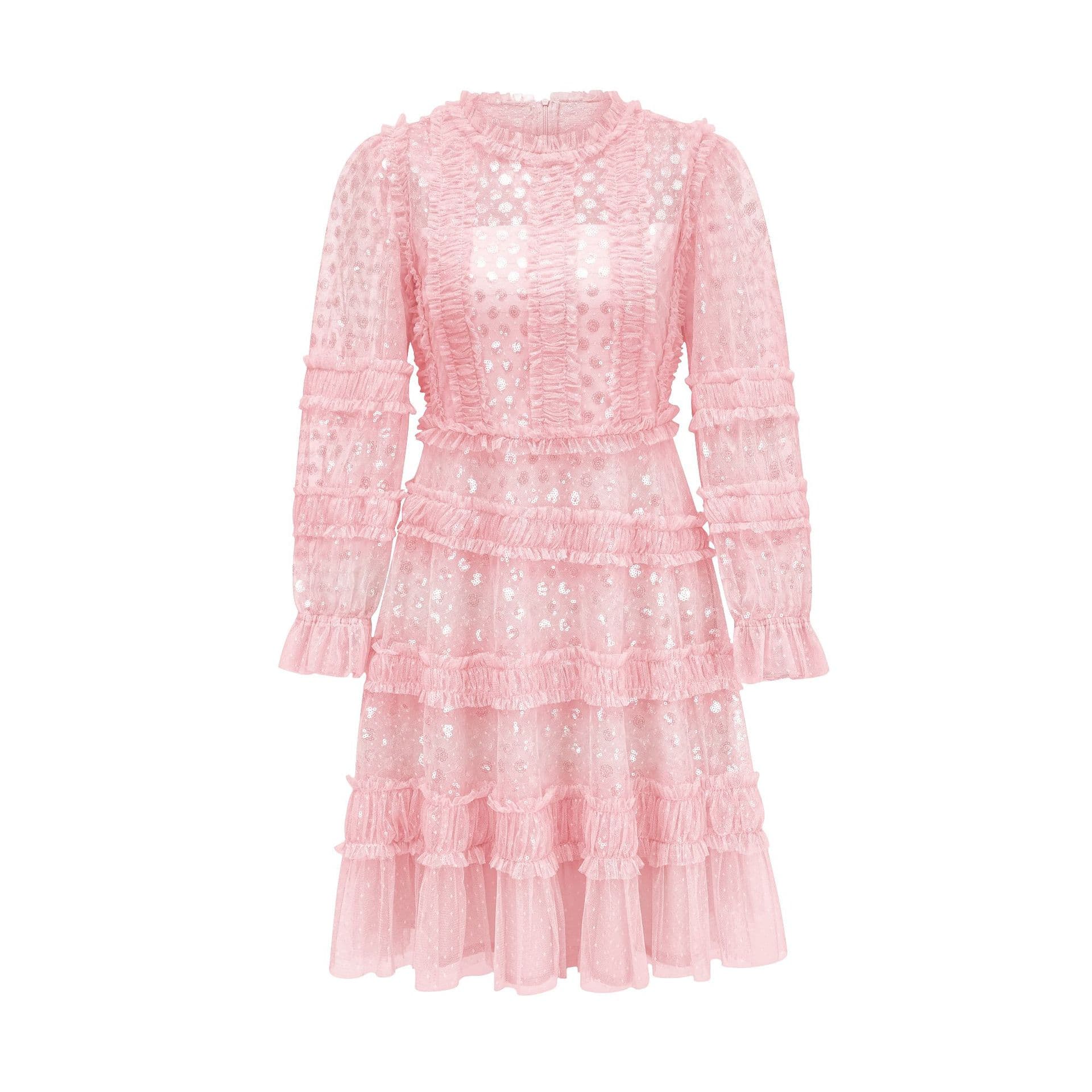 Round Neck Shiny Short Long-sleeved Dress with High Waist Slim and High Short Skirt Party Dress Skirt XL pink