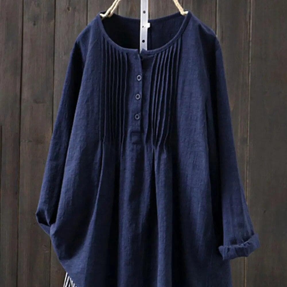 Women's Autumn All-match Long Sleeve O-Neck Casual Loose Shirt Retro Harajuku Solid Color Cotton and Linen Shirt Large Size Tops 4XL dark blue