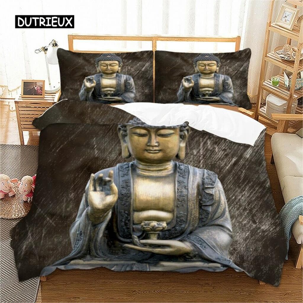 Buddha Duvet Cover Set King Size Golden Mandala Asian Culture Theme Bedding Set Microfiber Exotic Retro Style Comforter Cover EU single(135x200cm)