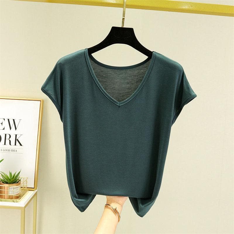 Women Summer Solid V Neck Basic T Shirt Modal Loose Tee Tops Casual Undershirt XL dark green
