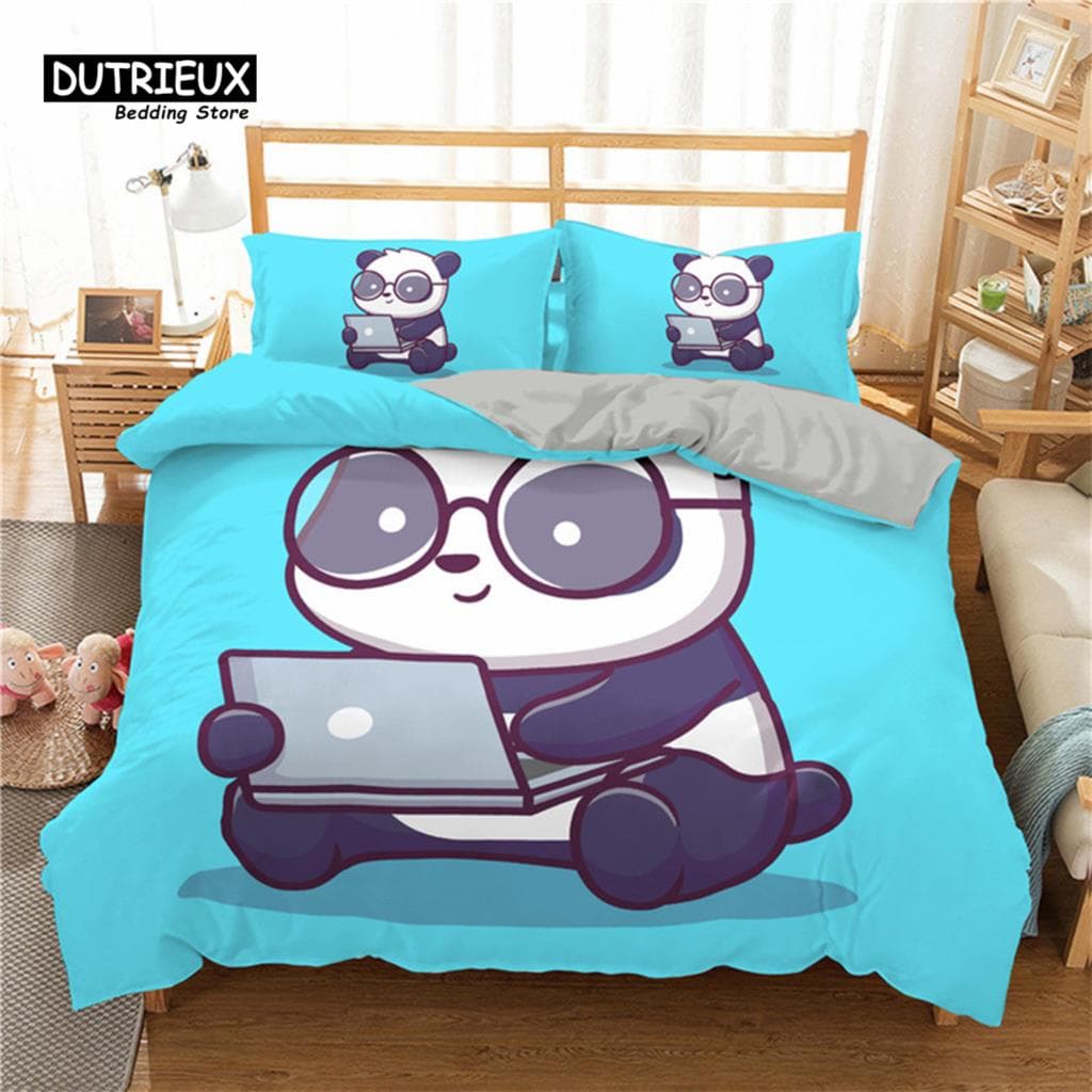Cartoon Cute Panda Duvet Cover Twin For Boys Girls Kids Teens Soft Animal Theme Panda Bedding Set With Pillowcases Bedroom Decor AU Single(140x210cm)