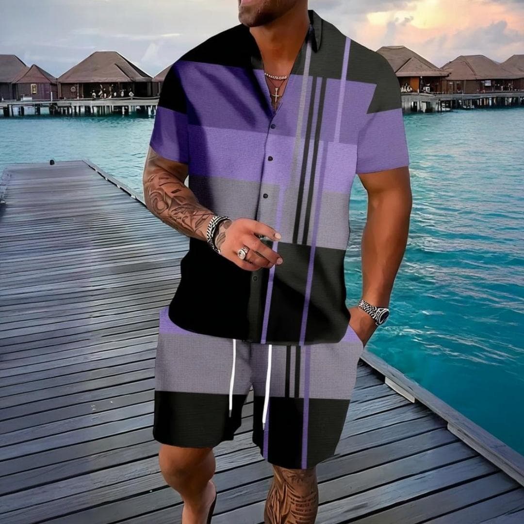 Retro Men's Suit Striped Summer Outdoor Short-sleeved Shirt Fashion Casual Shorts Simple Hawaii 2-piece Men's OverSize Clothing 3XL