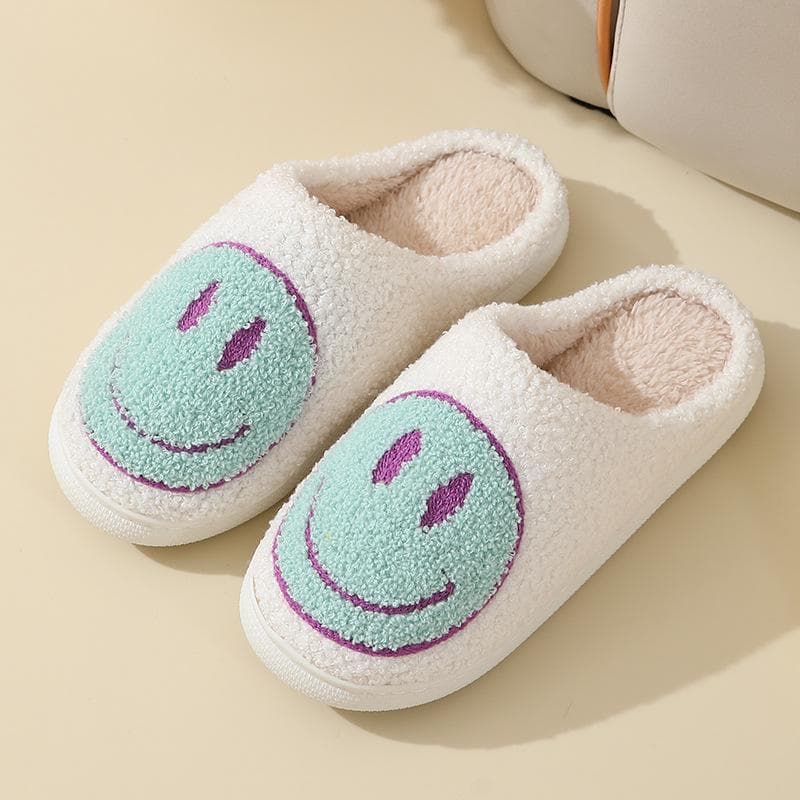 Cartoon Smiley Face Cotton Slippers - Women's Non-Slip Indoor Warm Slippers for Autumn and Winter Size 38-39 (Fits size 37-38) light green