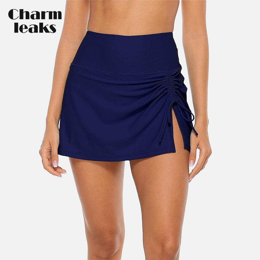 Womens High Waisted Split Swim Skirt Sporty Drawstring Skirted Swim Bottom with Built-in Swimming Panty Swimwear XL navy blue