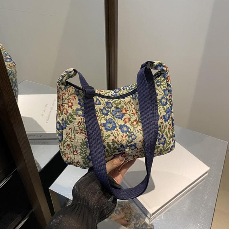 Vintage Floral Print Large Capacity Shoulder Bag with Adjustable Strap Stylish Women’s Mixed Colors Nylon Crossbody Bag 23x9.5x21cm dark blue