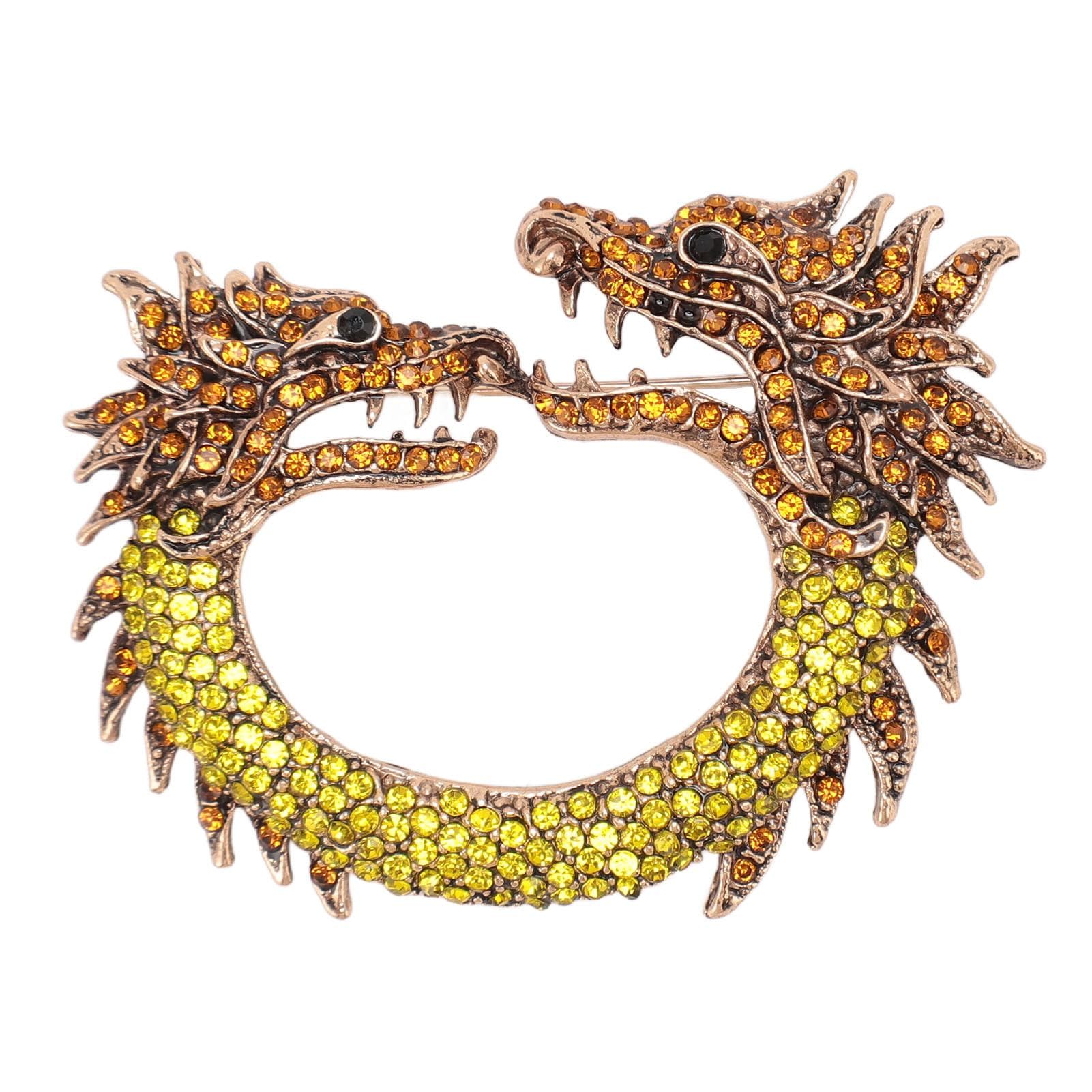 Zodiac Chinese Dragon Brooch Pin Dual Heads Sparkling Antique Chinese Dragon Brooch for Men Women