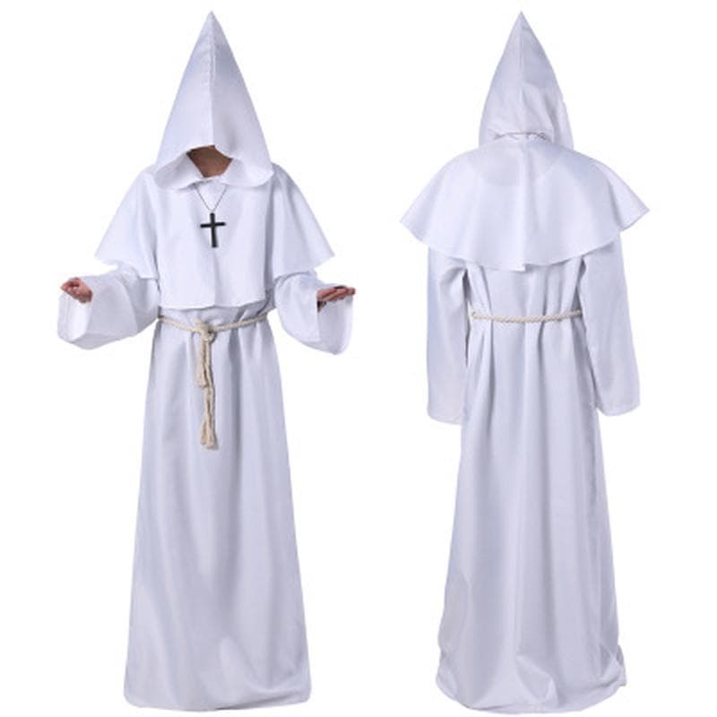 Scione Wizard Costume Cosplay Medieval Monk Friar Robe Priest Costume Ancient Clothing Christian Suit M white
