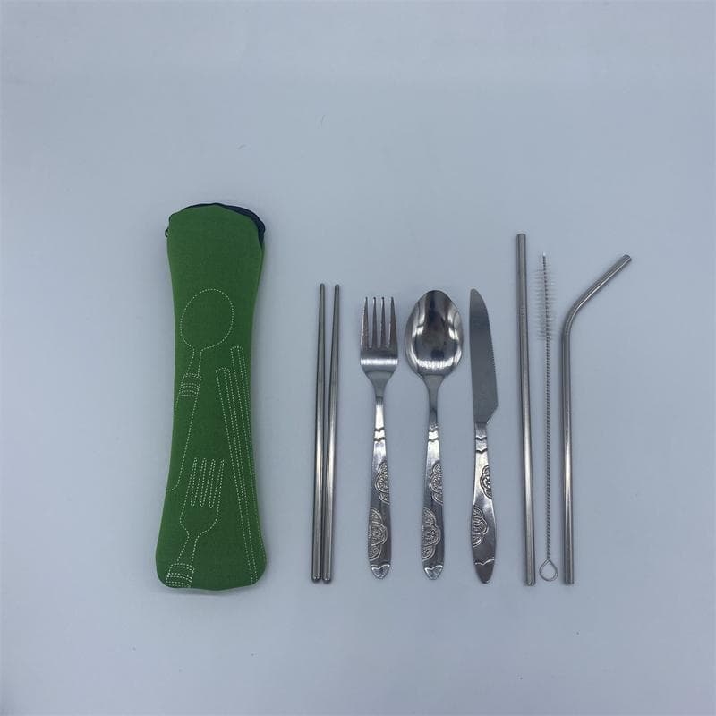 7pcs Set Dinnerware Portable Printed Stainless Steel Spoon Fork Steak Knife Set Travel Cutlery Tableware with Bag green
