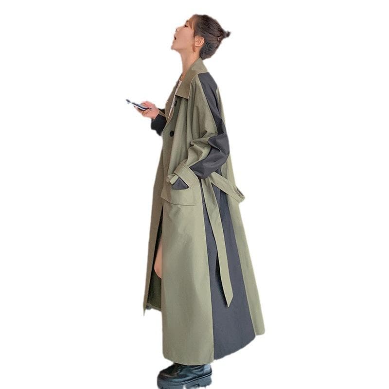New Retro Splicing Contrasting Colors Long Knee Trench Coat Large Size Loose Coat Jacket M