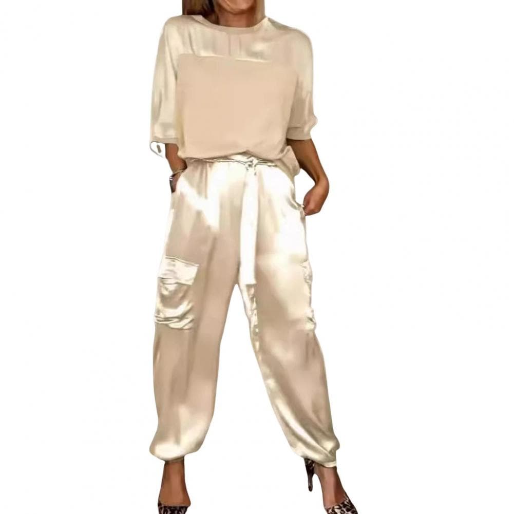 Women Commuter Outfit Elegant Satin Women's Pantsuit Set with Lace-up Detail Pockets Stylish O Neck Top Trouser for Casual XXL apricot