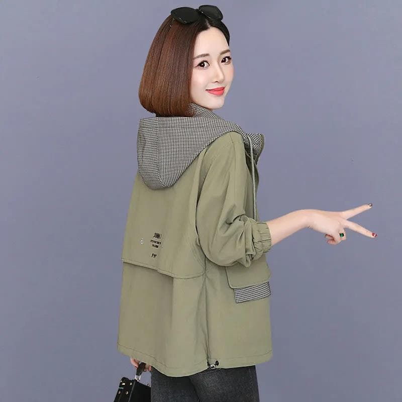 Women's Spring and Autumn Windbreaker Coat Loose Hooded Jacket Short Workwear XXXL green