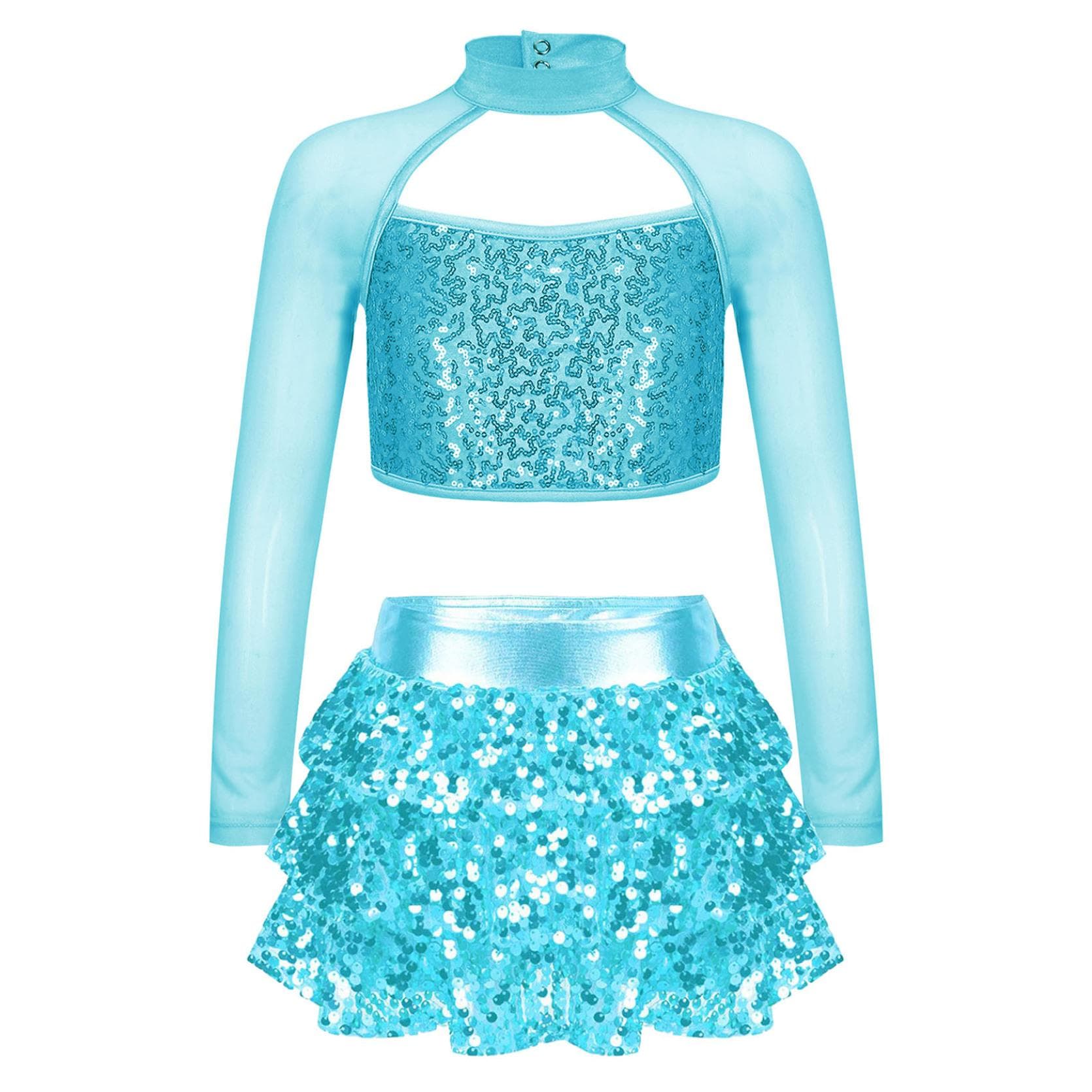 Kids Girls Shiny Sequins Dance Performance Outfit Long Sleeve Cutout Crop Top with Tiered Ruffle Skirted Shorts Culottes 13-14 Years