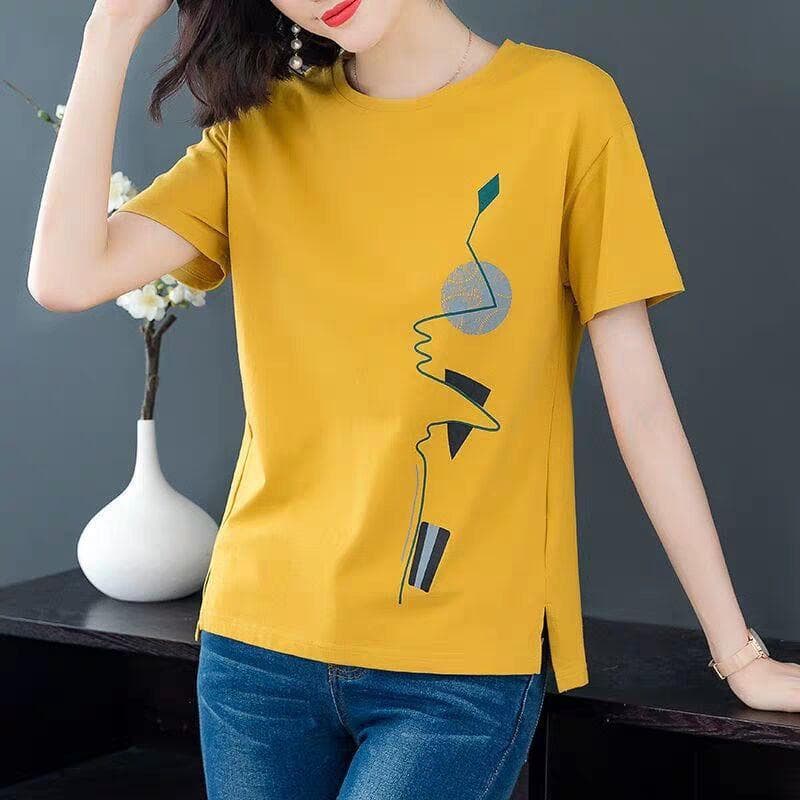 Women's Loose Fit Literary Print Short-Sleeve Korean T-Shirt L yellow
