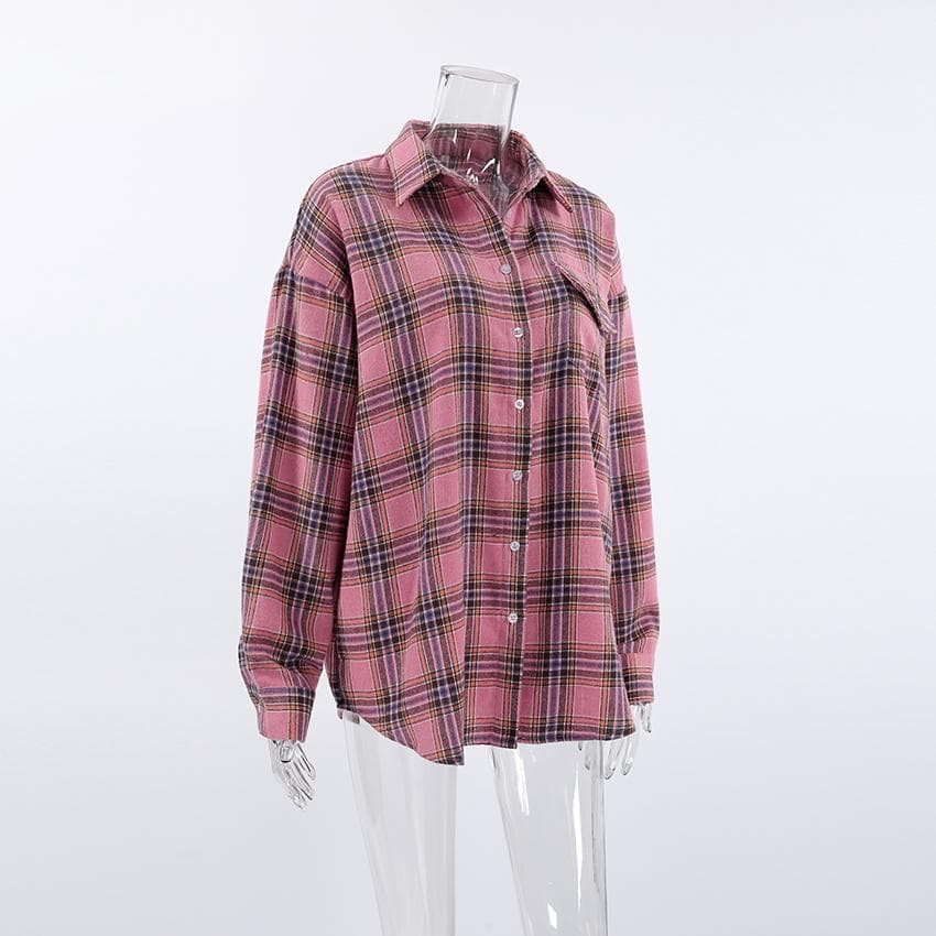 Pink Plaid Shirts And Tops Women Street Wear Gingham Casual Long Sleeve Top Single-Breasted Oversize Shirt Ladies M pink