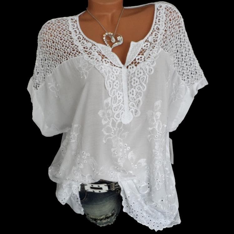 Fashion Women's Lace V-neck Embroidered Short Sleeve T-Shirt XXL white