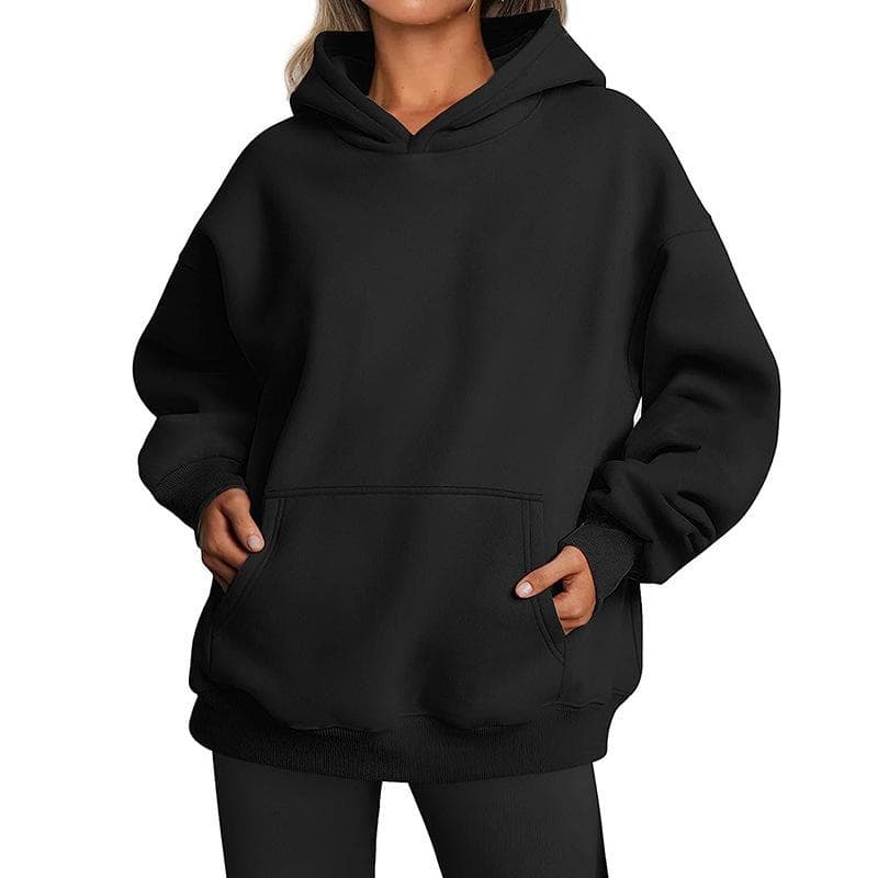 Women's Hooded Pullover Sweatshirt Solid Color Oversized Loose Casual Fleece Sweatshirt M black