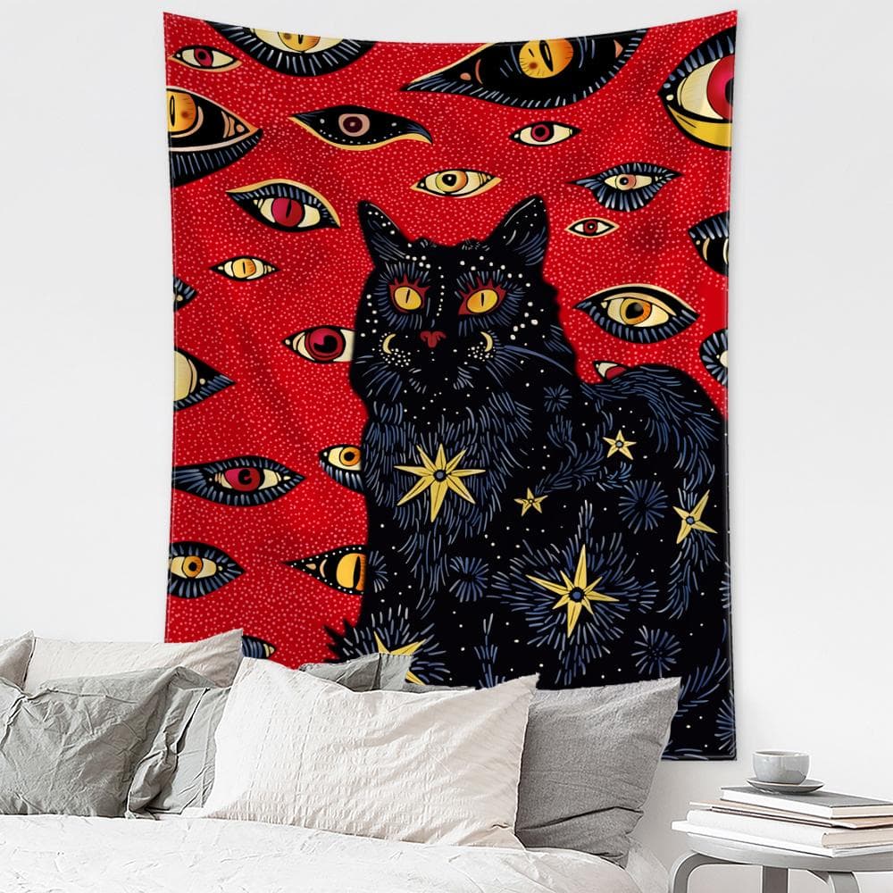 Cat Coven Tapestry Printed Witchcraft Hippie Tapiz Wall Hanging Bohemia Mandala Art Aesthetic Room Decor 95x70cm