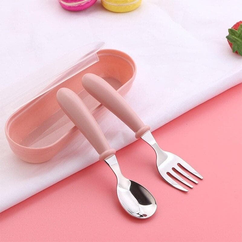 3pcs Children Spoon Forks Box Kids Stainless Steel Kids Cutlery Portable Baby Feeding Utensils Baby Spoons Baby Tableware Set pink