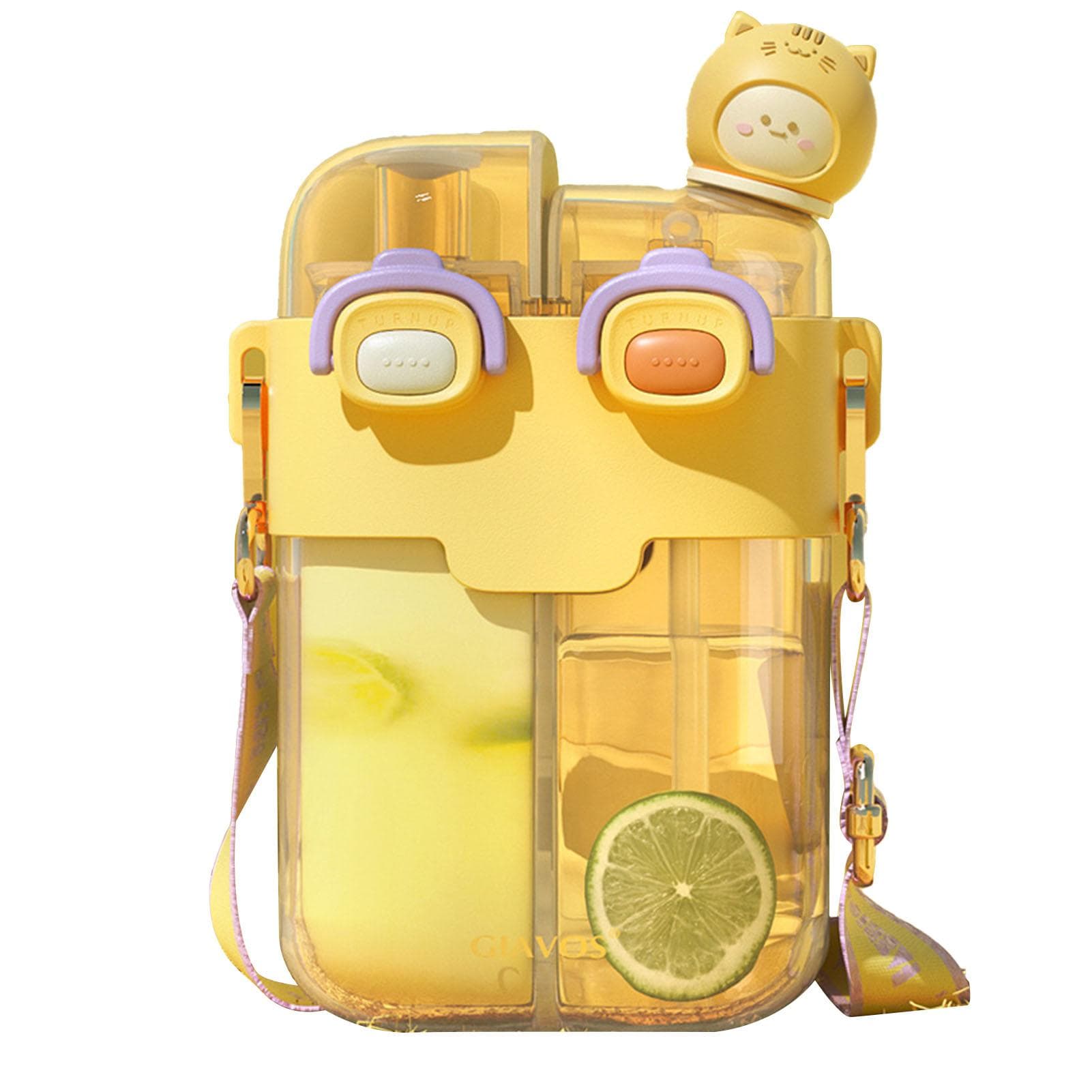 Kawaii Water Bottle Fashion Plastic Double Drinking Water Bottle with Straw Adjustable Strap for Vitality 780ml yellow