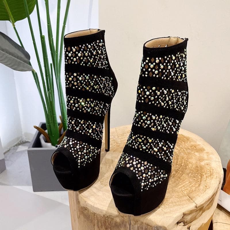 Liyke Spring Autumn Hollow Out Rhinestone Mesh Ankle Boots Women Shoes Sexy Peep Toe Zip Platform High Heels Pole Dance Booties 35 black