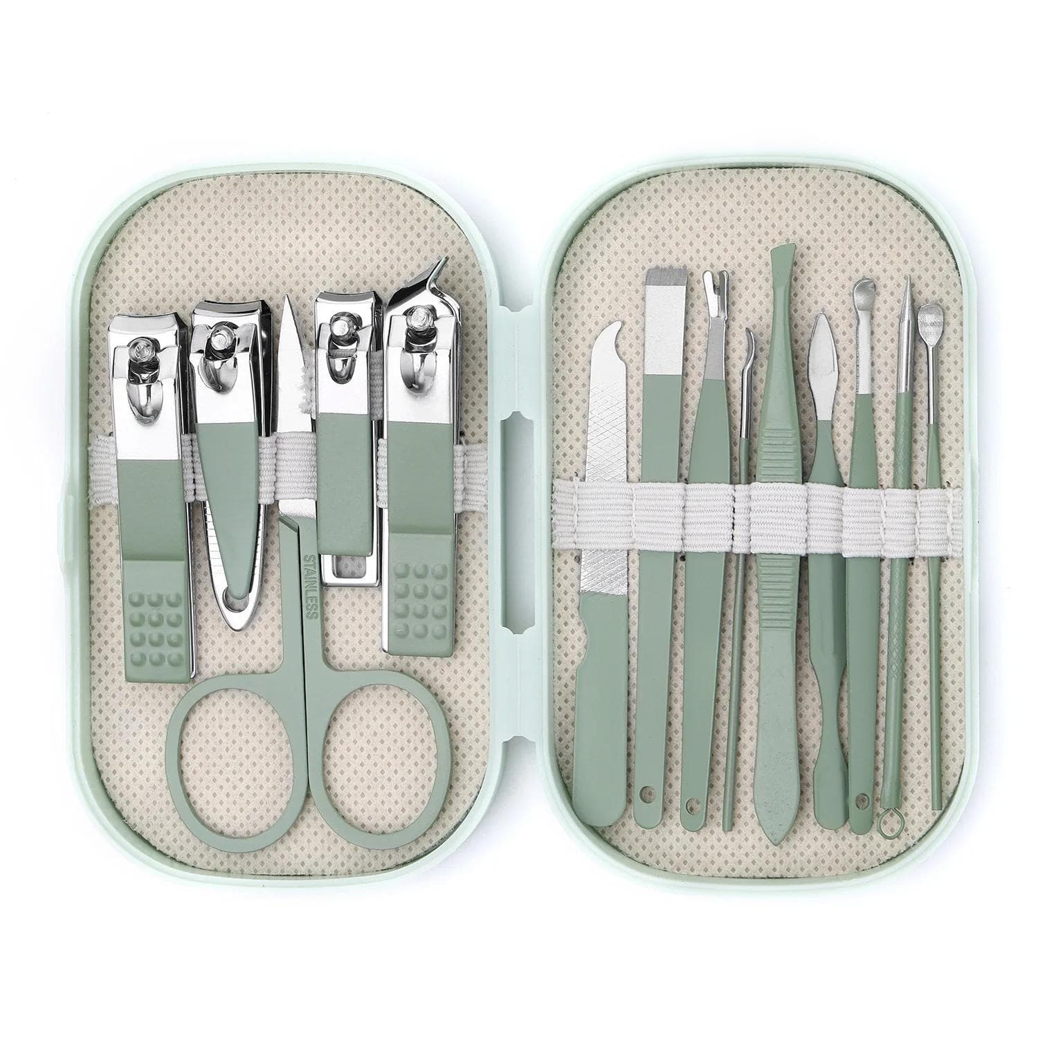 14Pcs/set Manicure & Pedicure Set Stainless Steel Nail Scissors Nail Clippers Cuticle Dead Skin Remover For Men Women green