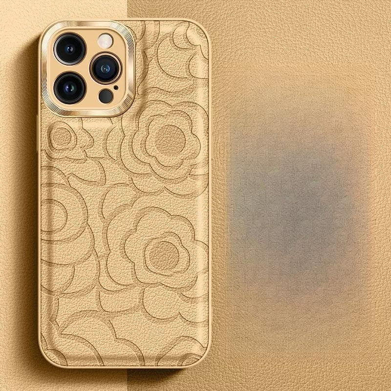 Applicable To Apple 16proMax Mobile Phone Case Camellia Leather Pattern IPhone 15 Metal Lens Anti-fall Protection Case 14 iphoneXsmax khaki