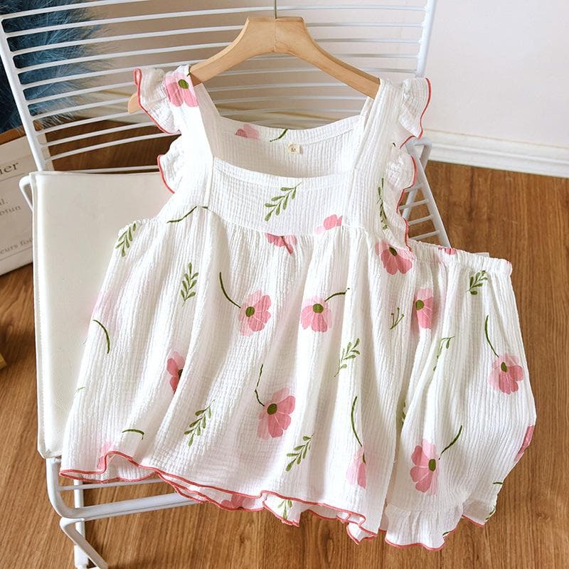 Japanese Summer New Women's Pajamas Suit Short-sleeved Shorts Two-piece 100% Cotton Crepe Simple Checked Thin Home Clothes M green