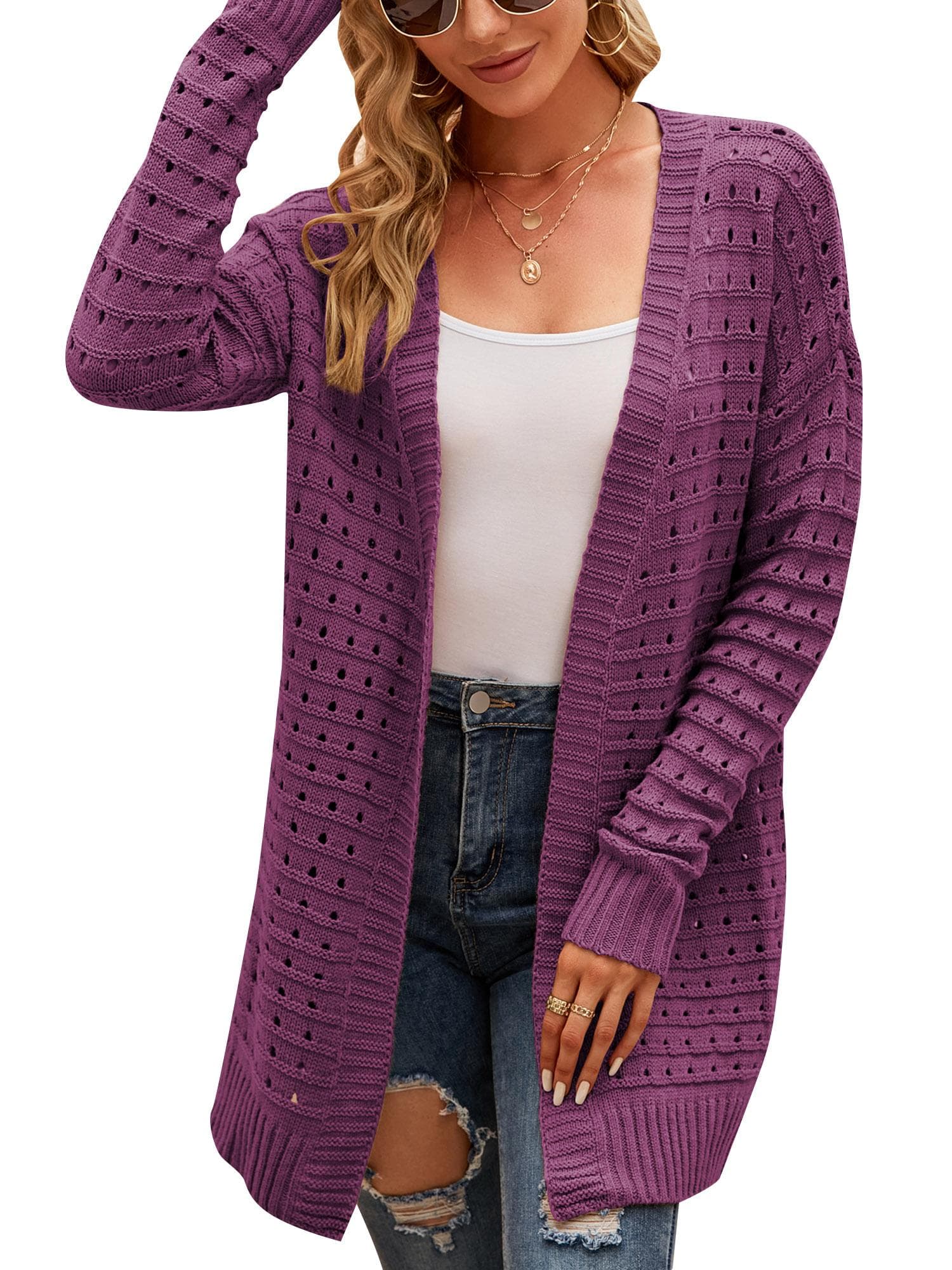 Women Cardigan Open Front Long Sleeve Holes Loose Knitted Casual Coats XL purple