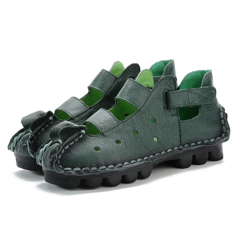 Summer Retro Handmade Genuine Leather Women Shoes Soft Flat Shoes Hollow Casual Women Sandals 38 green
