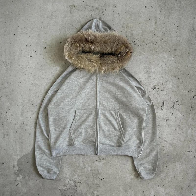 Y2K Zip up hoodie Faux Fur Collar Harajuku Rock Goth Top Retro Punk Loose Jacket Hip Hop Streetwear Zipper Hoodie Sweatshirt XL grey