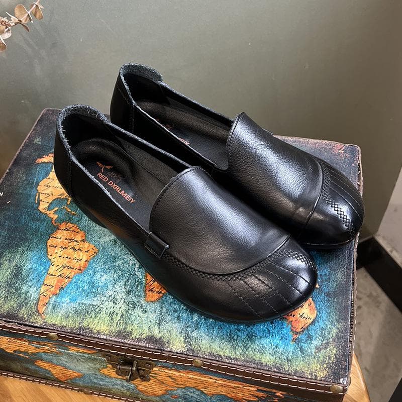 Mother's Shoes  Spring and Summer New Peas Shoes Middle-aged and Elderly Leather Retro Flat Single Shoes Women 40 black