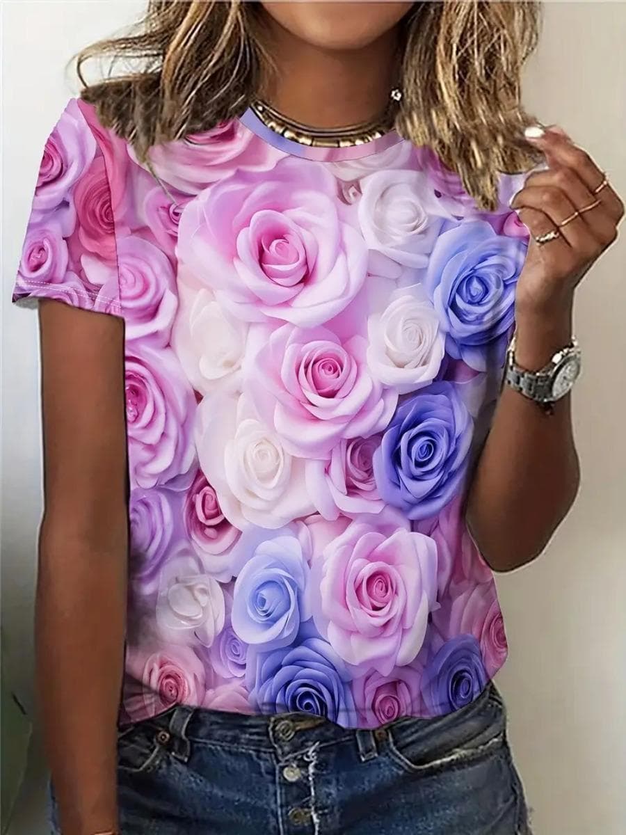 New Purple Rose Flower T-Shirts Floral 3D Print Women's O-Neck Short Sleeve T Shirt Y2k Harajuku Tees Casual Top Female Clothing 6XL
